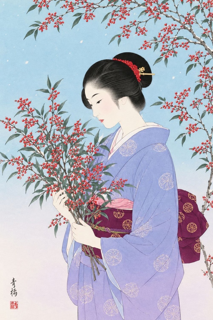 冬の南天と女性 | 浮世絵風デジタルアート