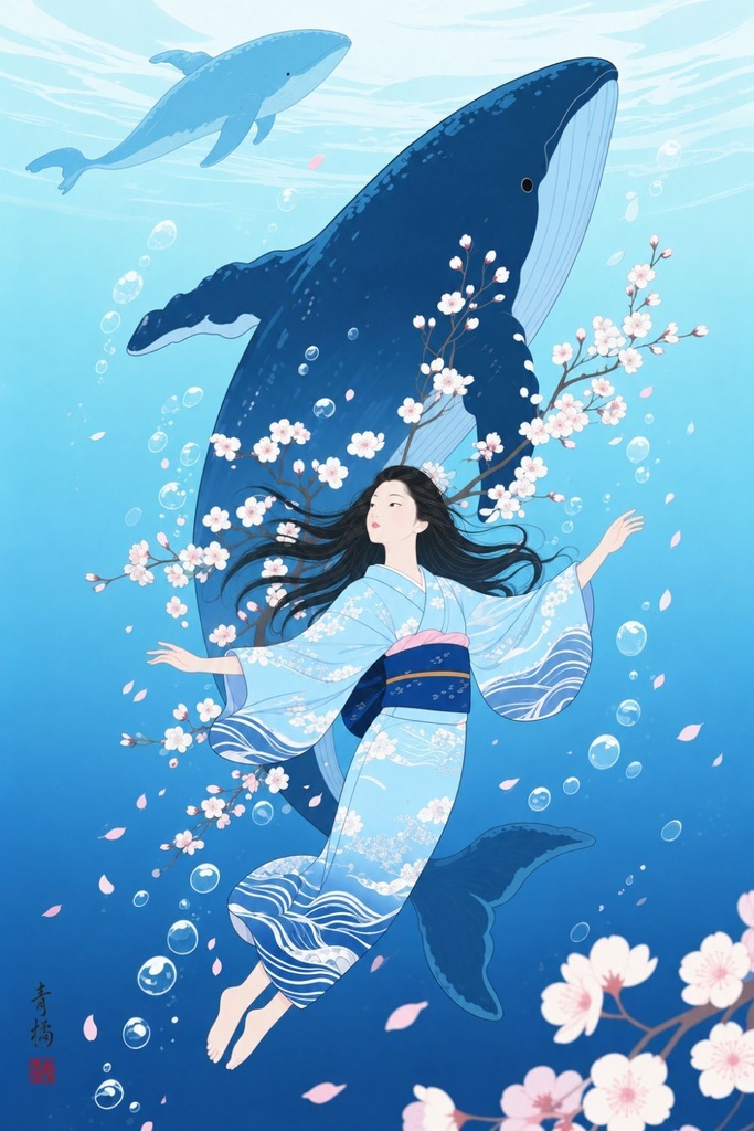 桜とクジラ | 浮世絵風デジタルアート