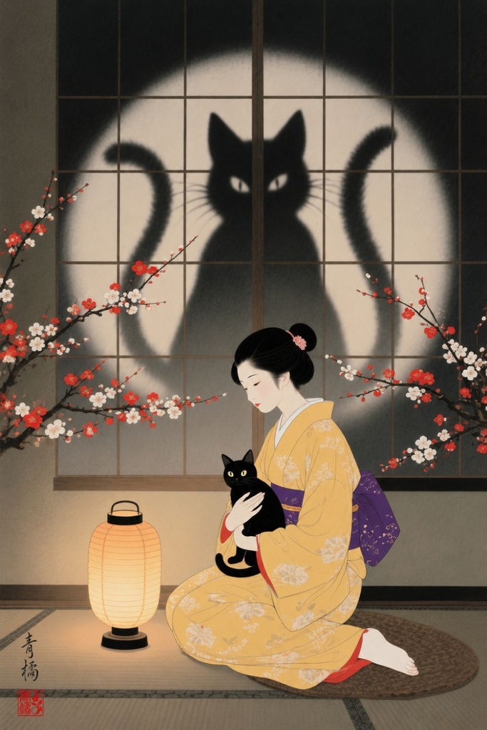 猫又と梅 | 浮世絵風デジタルアート