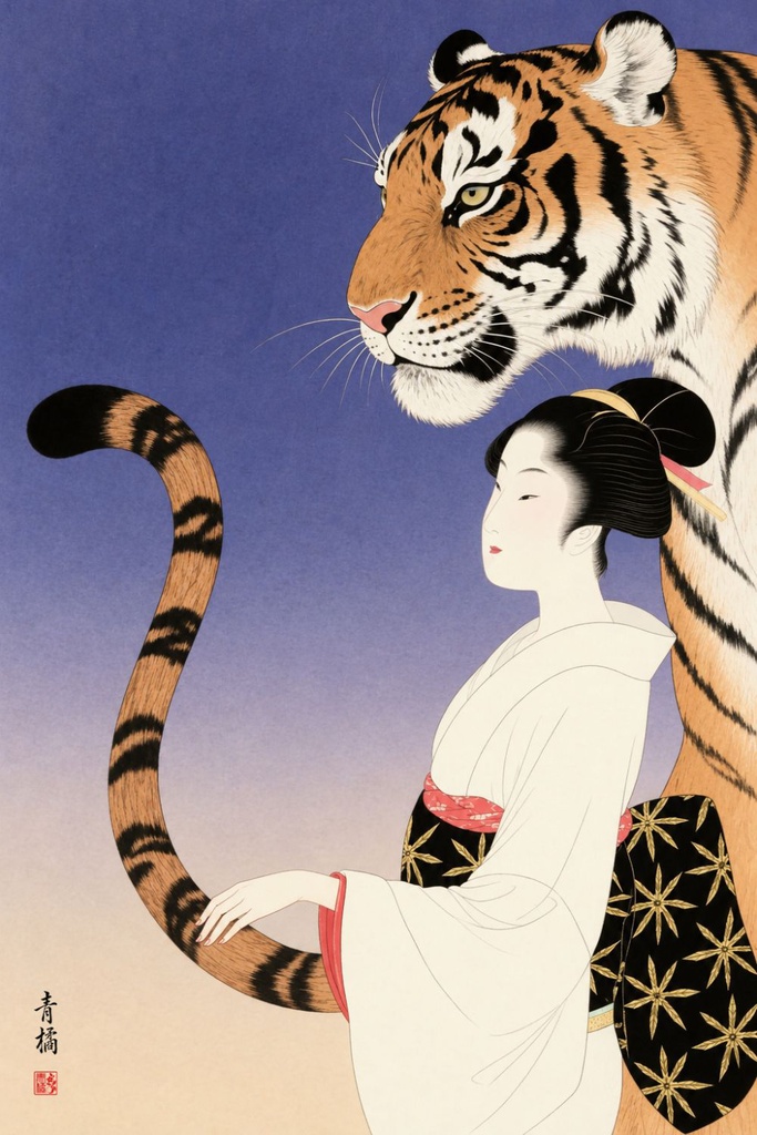 虎と白い着物の女性 | 浮世絵風デジタルアート