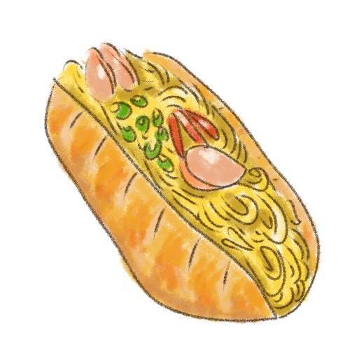 【食べ物素材】焼きそばパンのゆるかわイラスト（透過PNG）