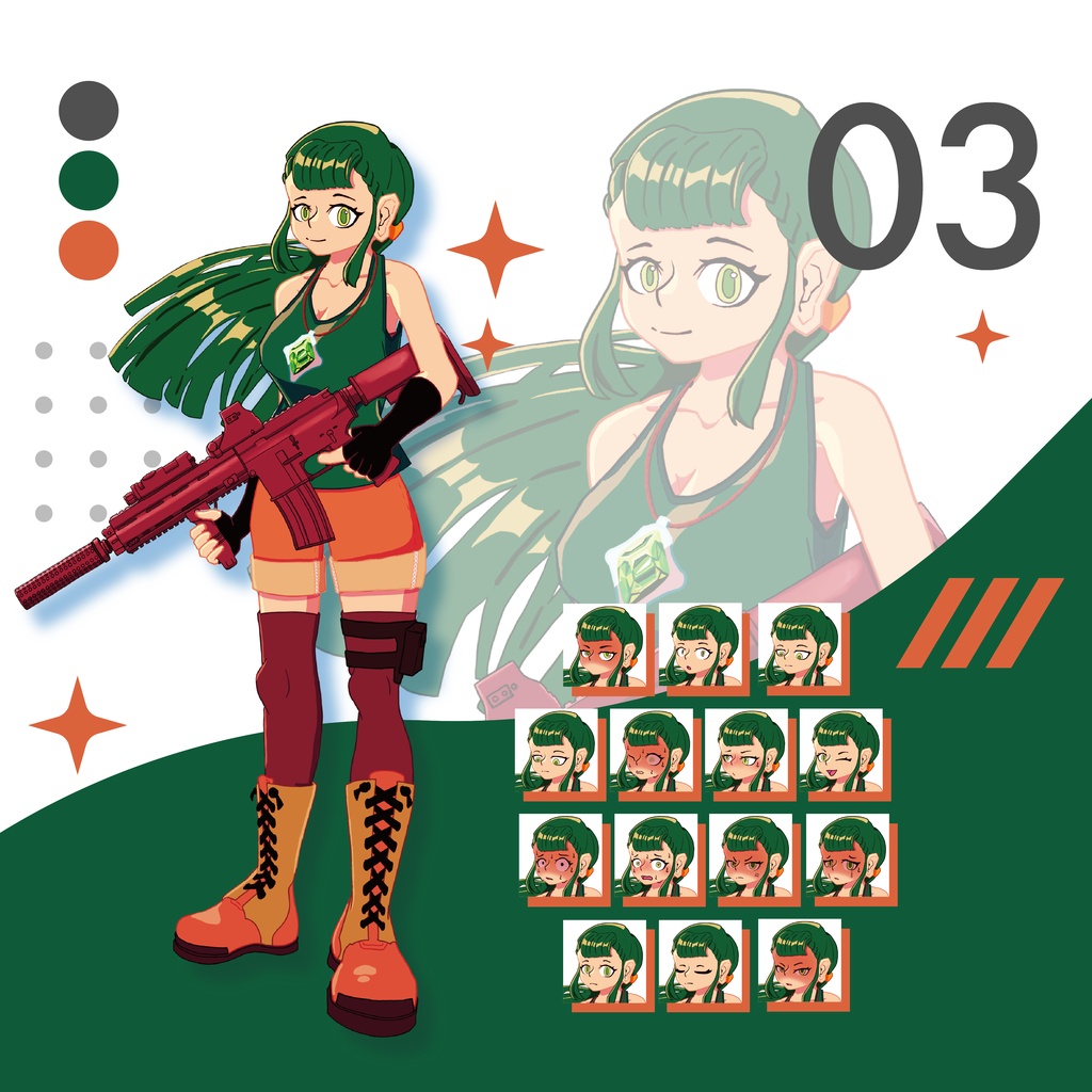 【立ち絵素材】TRPG_3 銃/緑髪/しなやかで強い女子(商用利用OK)