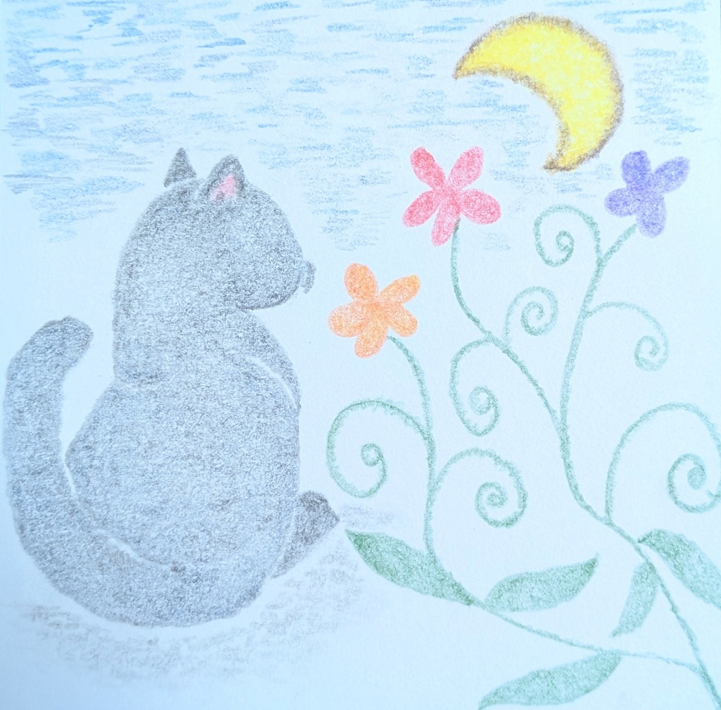 油性色鉛筆画★黒猫と花と月★原画ミニアート(一点物・手描きアート)