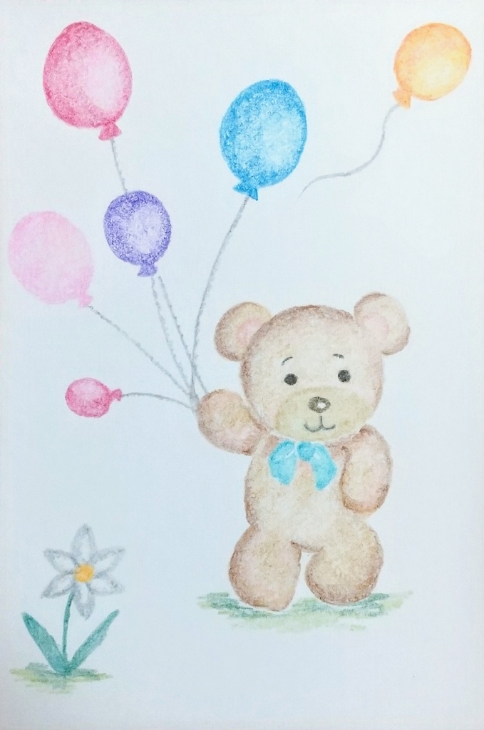 油性色鉛筆画❀クマと風船❀原画一点物・手描きアート(postcard)