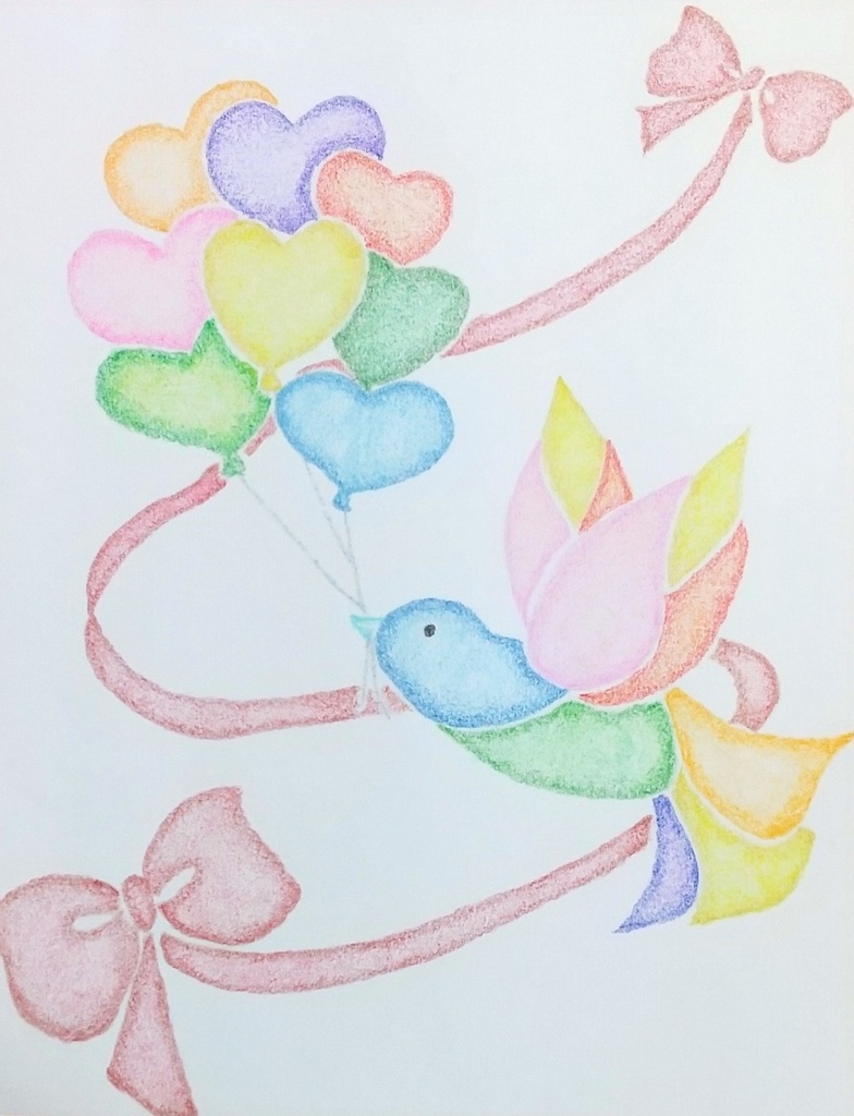 油性色鉛筆画❀風船と鳥の夢の世界 ~優しさと色彩に包まれて~❀原画一点物