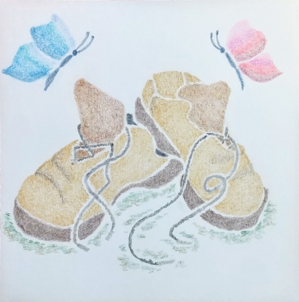 油性色鉛筆画❁蝶と靴の小さな旅路❁原画ミニアート(一点物・手描きアート)