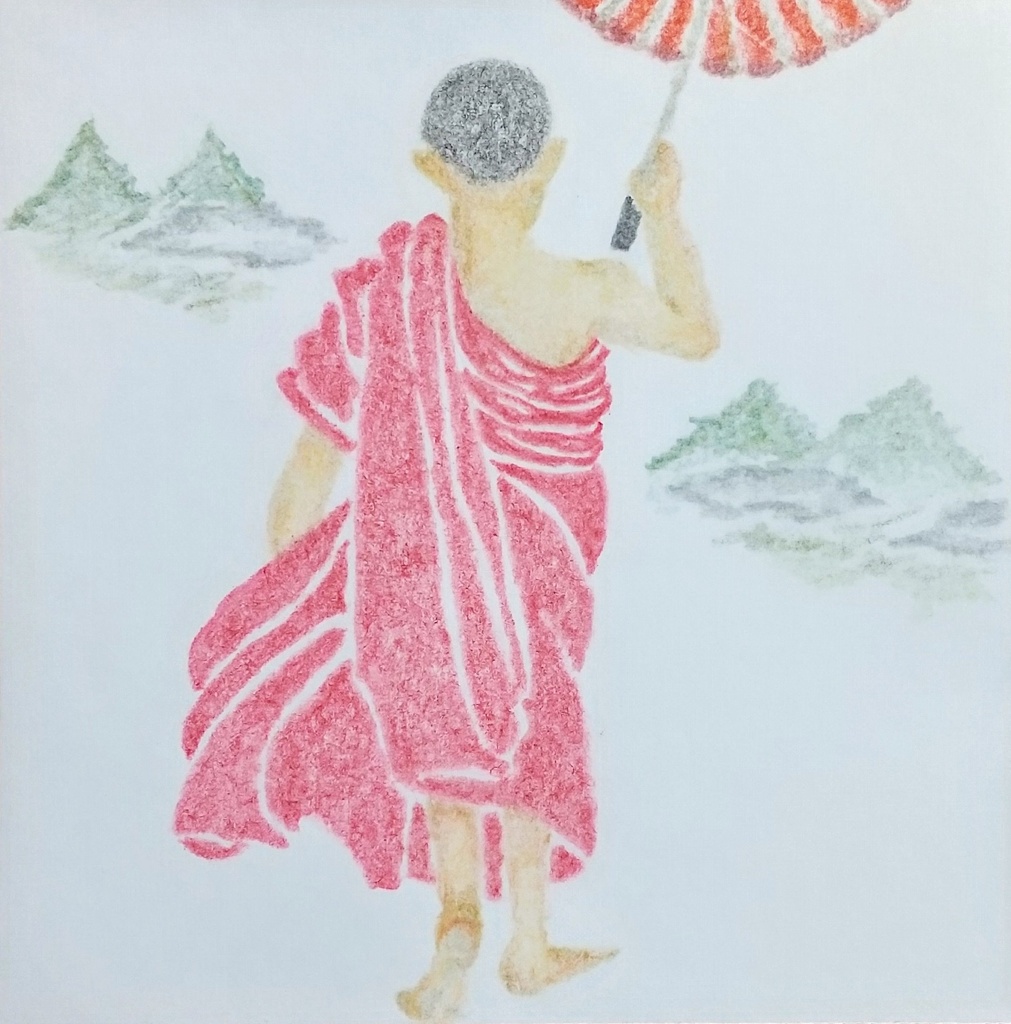 油性色鉛筆画❁歩む僧侶 ― 静寂の旅路❁原画ミニアート（一点物・手描きアート）