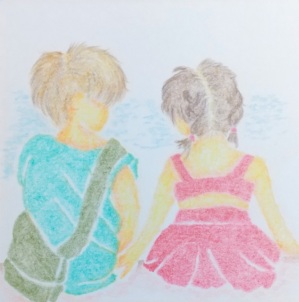 【原画一点物】色鉛筆画 ☆ふたりの夏の思い出☆ 10cm角 アート作品