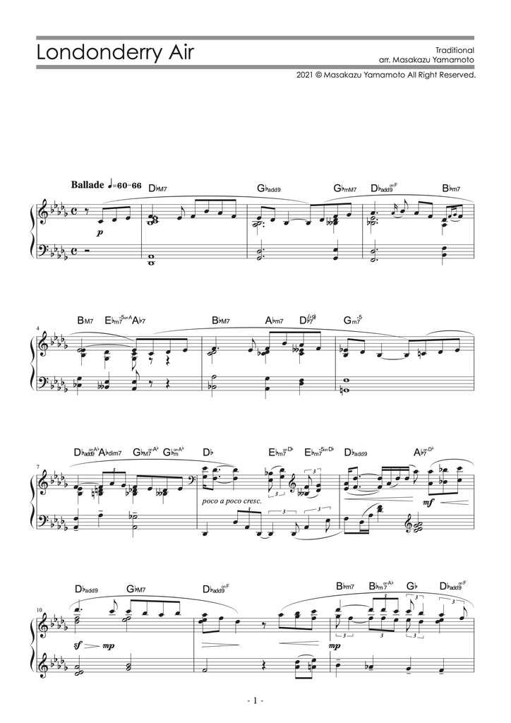 【PDF楽譜】ロンドンデリーの歌／Londonderry Air [ピアノソロ]＜上級＞（編曲：山本雅一）