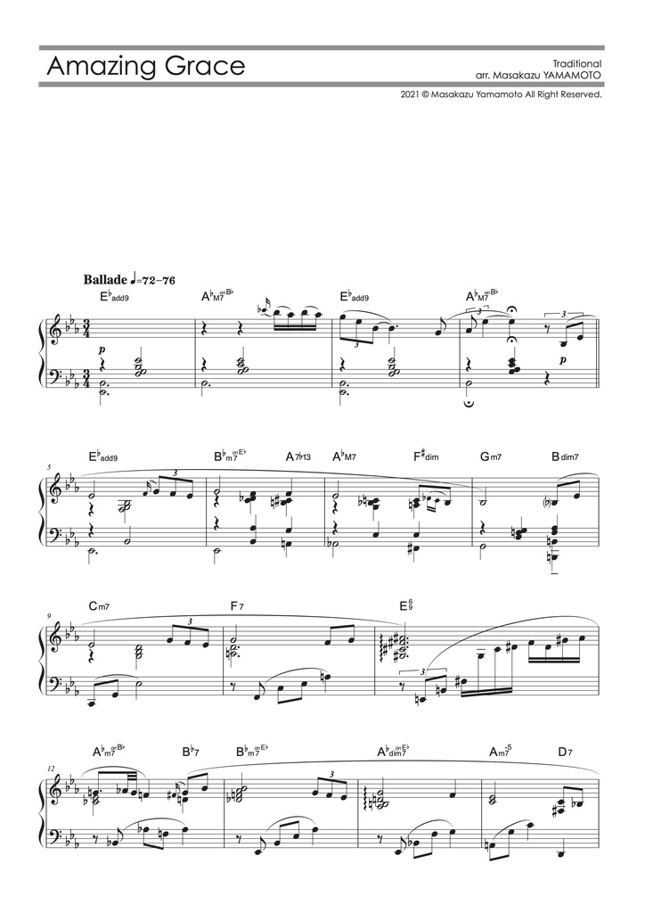 【PDF楽譜】アメイジング・グレイス／Amazing Grace [ピアノソロ]＜上級＞（編曲：山本雅一）