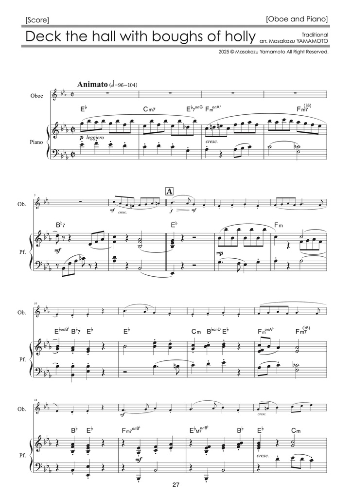 【PDF楽譜/全11曲】クリスマスアレンジ集|オーボエ+ピアノ