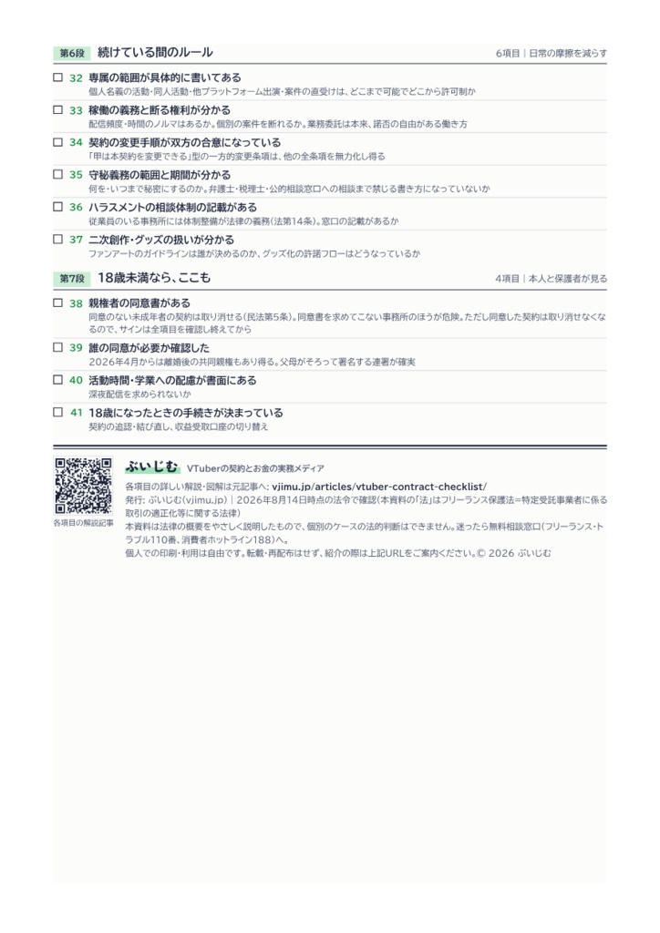 VTuber事務所の契約書セルフチェックリスト(41項目・A4印刷用PDF)