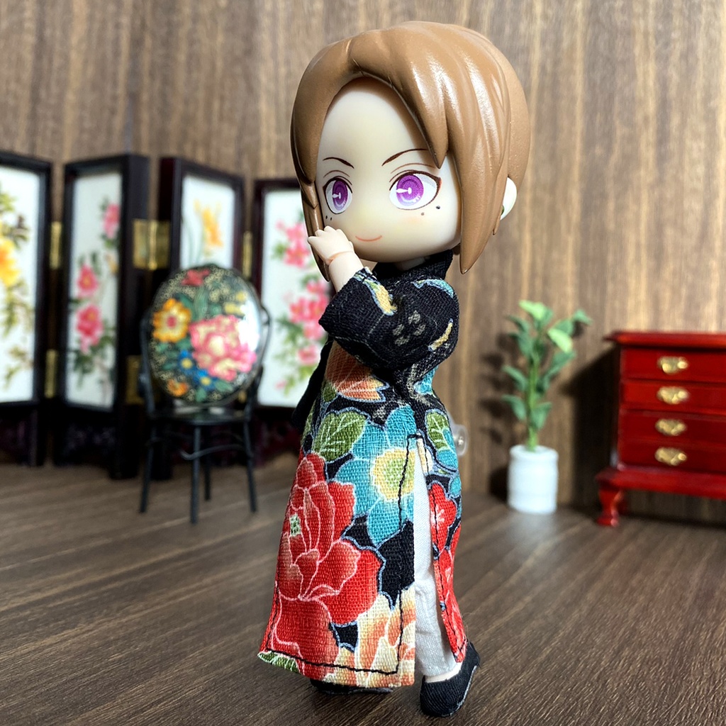 1/12サイズ◆チャイナ服(長袍・百花黒)/チャンパオ