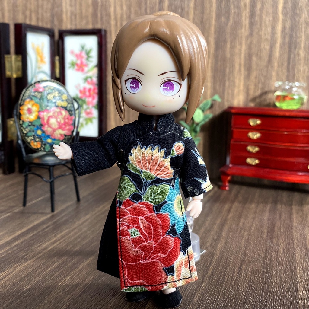 1/12サイズ◆チャイナ服(長袍・百花黒)/チャンパオ