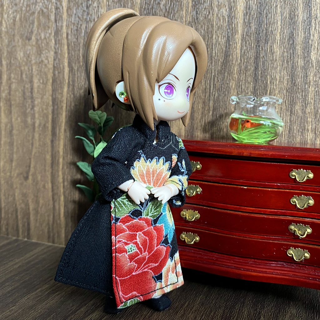 1/12サイズ◆チャイナ服(長袍・百花黒)/チャンパオ