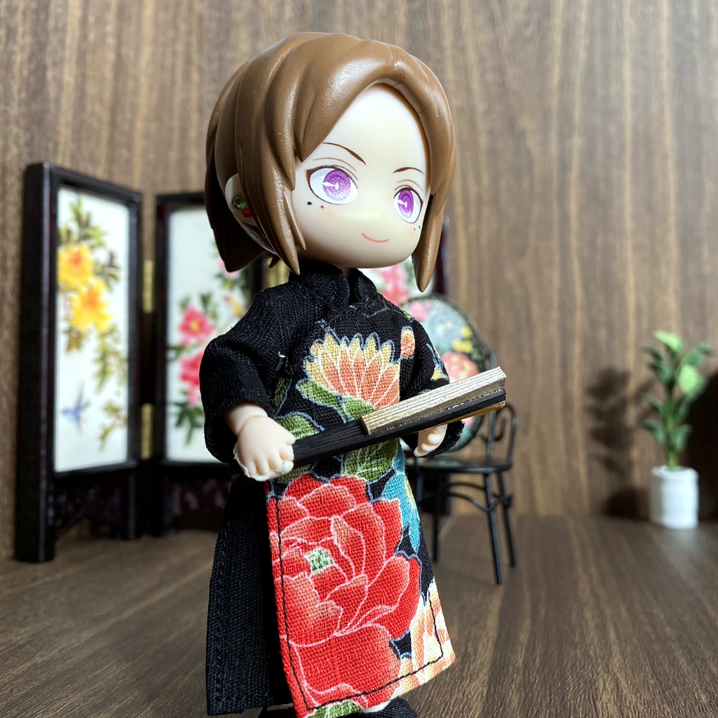 1/12サイズ◆チャイナ服(長袍・百花黒)/チャンパオ