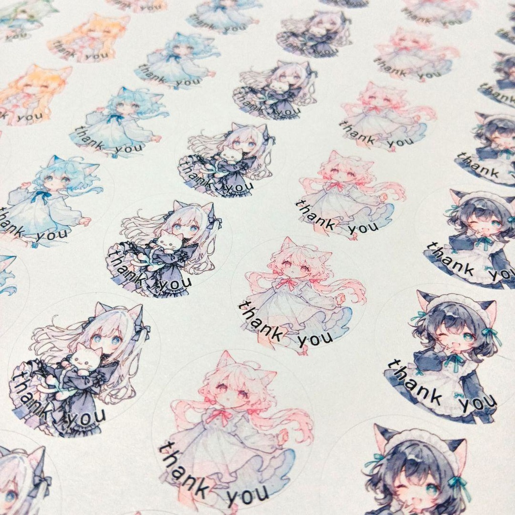 【猫耳】大容量 水彩風 3㌢丸サンキューシール 96枚 suisaicco