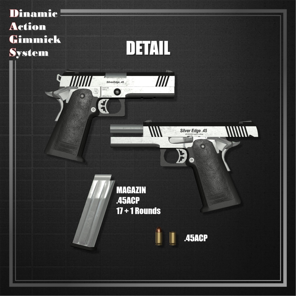 【ModularAvatar対応】VRChat想定 Avatars3.0向けギミック 「DAGsHG No.01 SilverEdge .45」【銃/ハンドガン】