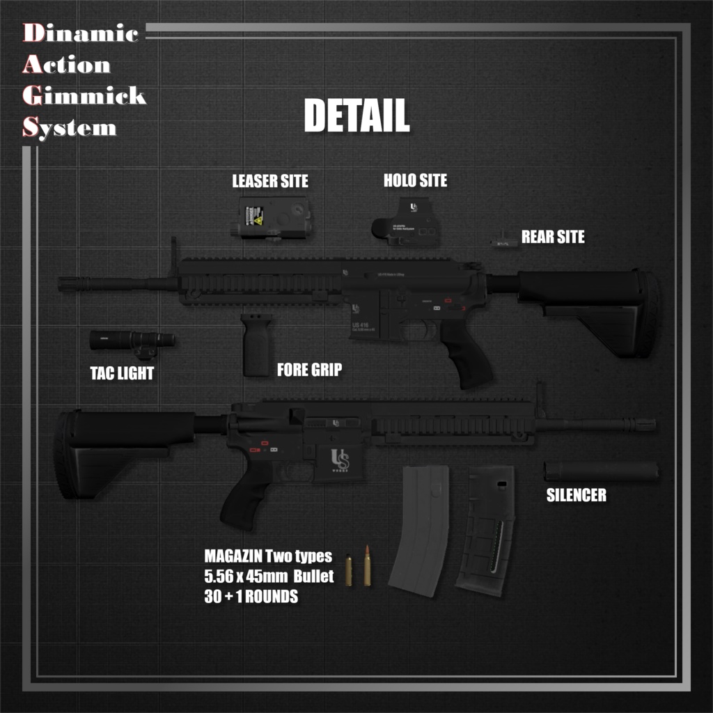 【ModularAvatar対応】VRChat想定 Avatars3.0向けギミック 「DAGsAR No.01 US416」【銃/長銃/ライフル/アサルトライフル】