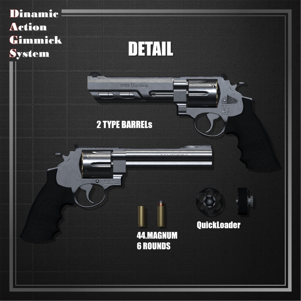 【ModularAvatar対応】VRChat想定 Avatars3.0向けギミック 「DAGsRB No.01 629-Bastion」【銃/リボルバー】