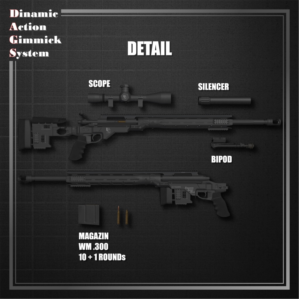 【ModularAvatar対応】VRChat想定 Avatars3.0向けギミック 「DAGsSR No.01 E24 Sentinel」【銃/狙撃銃/ボルトアクション/スナイパーライフル】