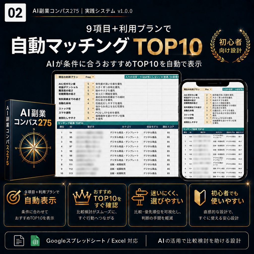 AI副業コンパス275|275の副業アイデア+自動マッチング+実践ガイド【Excel・PDF・49プロンプト】