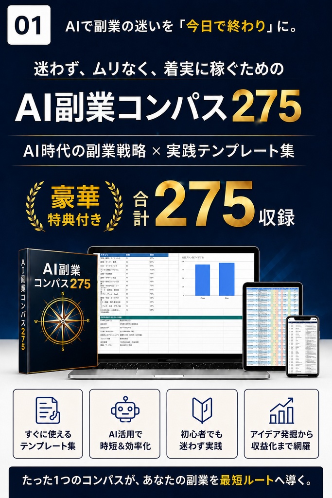 AI副業コンパス275｜275の副業アイデア＋自動マッチング＋実践ガイド【Excel・PDF・49プロンプト】