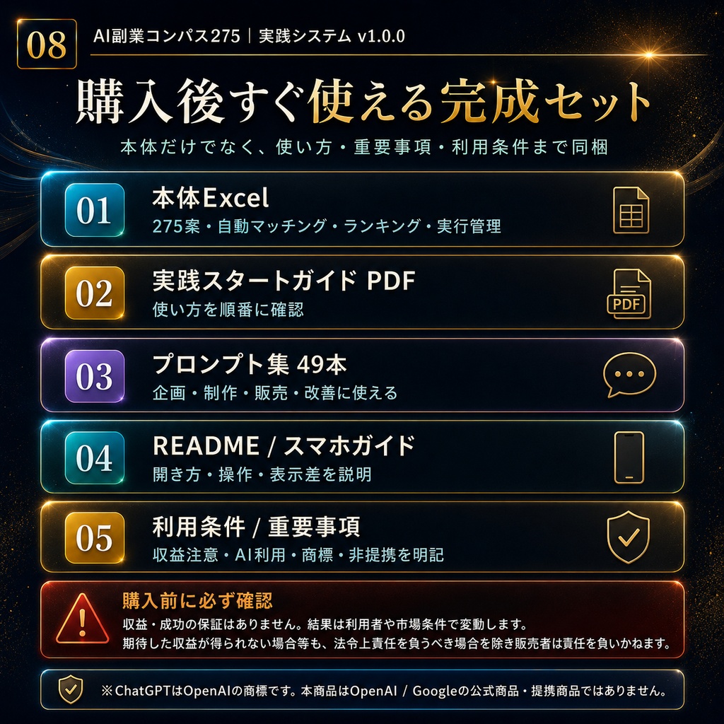 AI副業コンパス275|275の副業アイデア+自動マッチング+実践ガイド【Excel・PDF・49プロンプト】