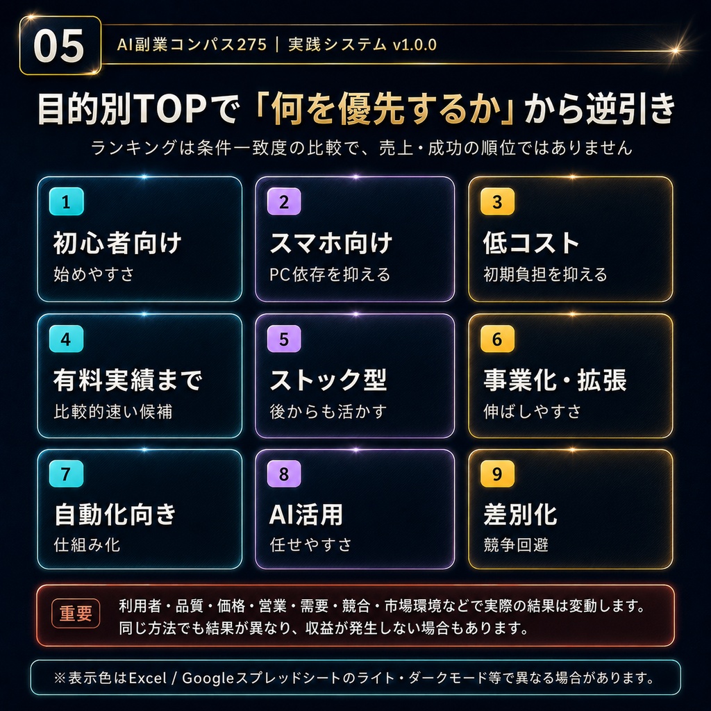 AI副業コンパス275|275の副業アイデア+自動マッチング+実践ガイド【Excel・PDF・49プロンプト】