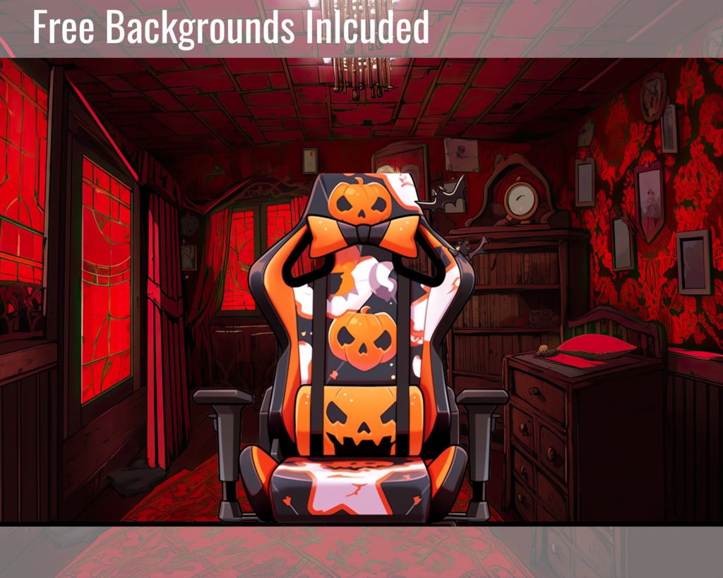 12x Vtuber ゲーミング チェア、ハロウィーン ゲーミング チェア、Vtuber アセット、Vtuber オーバーレイ、50 個の無料ハロウィーン Vtuber 背景、Vtuber リギング、ハロウィーン Vtuber チェア