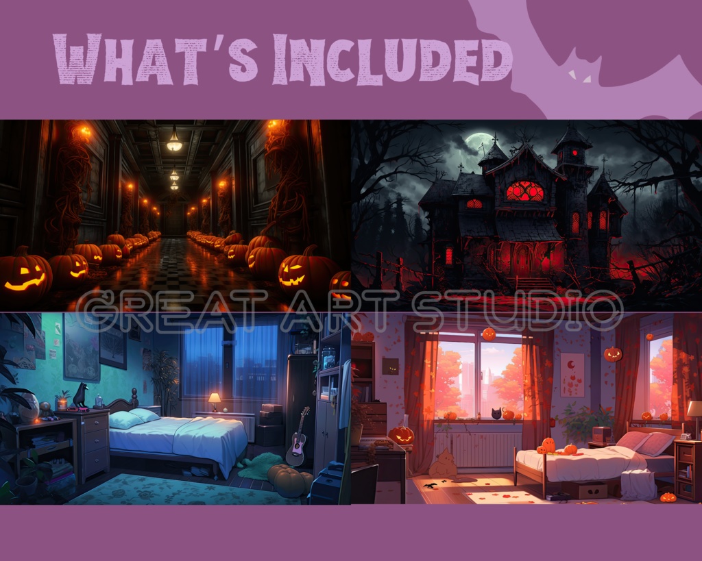 ハロウィンVtuberスターターパック! 10x Vtuber 背景 + 1x Vtuber ゲーミングチェア + 1x アニメーション背景、Vtuber アセット パック、居心地の良いオーバーレイ、Vtuber のコレクション