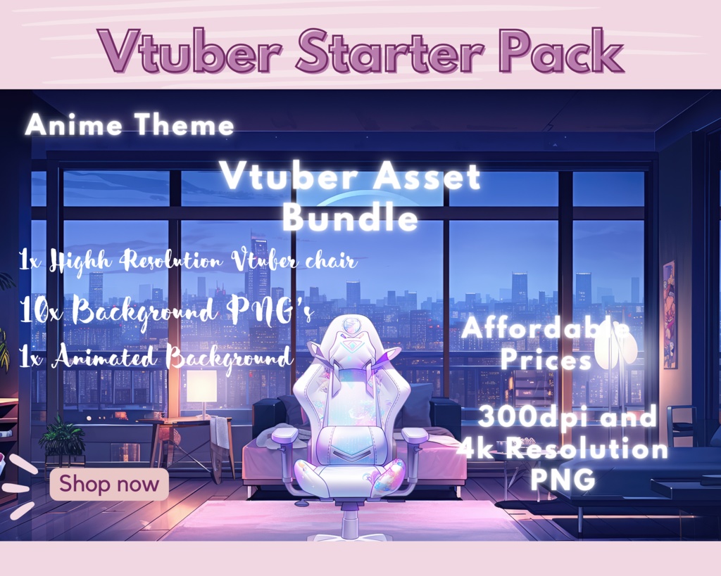 Vtuberスターターパック!10枚のVtuber背景 + 1つのVtuberゲーミングチェア + 1つのアニメーション背景、Lofi & Anime、Vtuberアセットパック、居心地の良いオーバーレイ