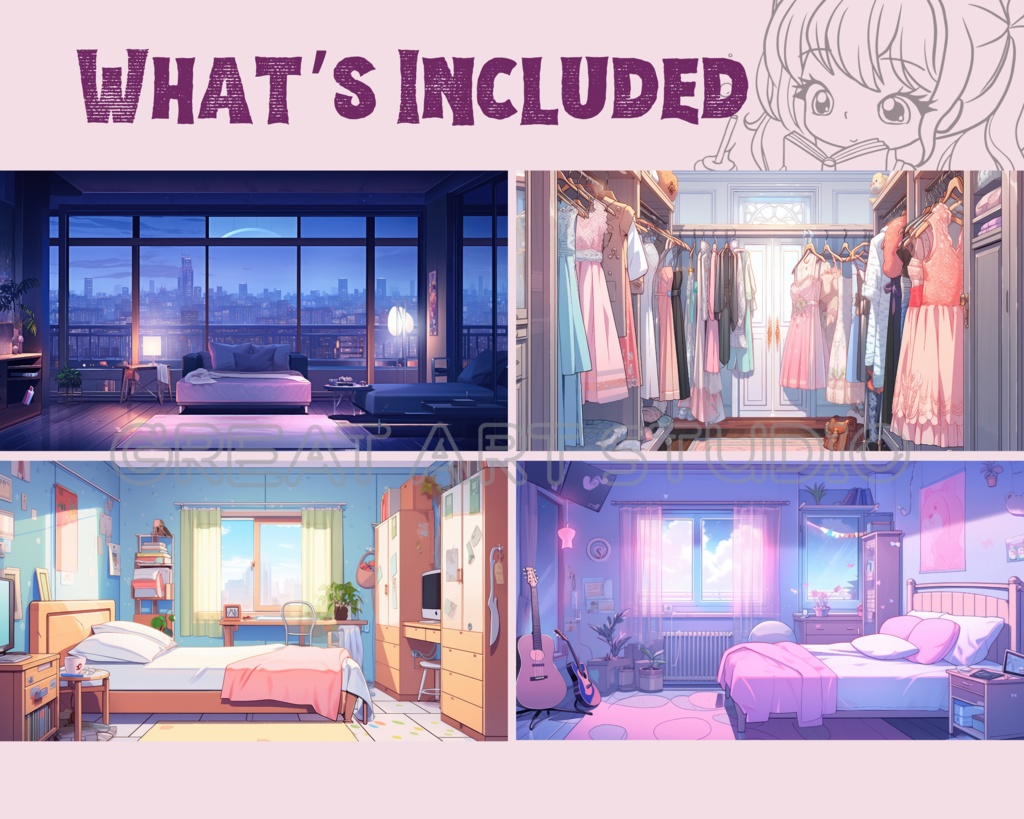 Vtuberスターターパック!10枚のVtuber背景 + 1つのVtuberゲーミングチェア + 1つのアニメーション背景、Lofi & Anime、Vtuberアセットパック、居心地の良いオーバーレイ