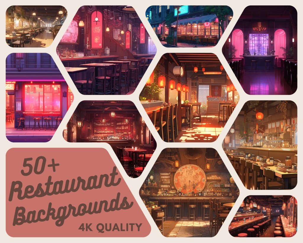 50x レストランアニメ背景、Vtuber 背景、Lofi & アニメ、ストリーム背景、Twitch ストリーミング背景、Twitch 背景、Vtuber アセット