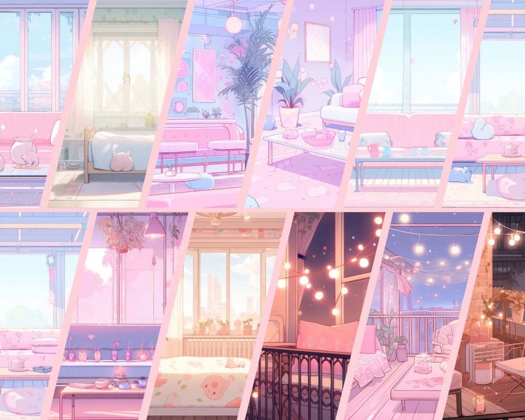 20+のVTuber背景、パステルVTuber、Lofi&アニメ、ストリーム背景、バーチャル背景、Twitch背景、ピンクパステル、Twitchオーバーレイ