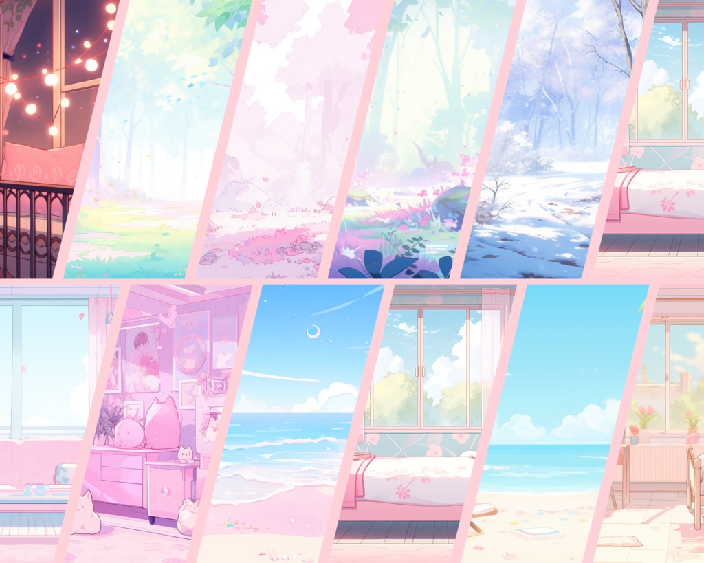 20+のVTuber背景、パステルVTuber、Lofi&アニメ、ストリーム背景、バーチャル背景、Twitch背景、ピンクパステル、Twitchオーバーレイ