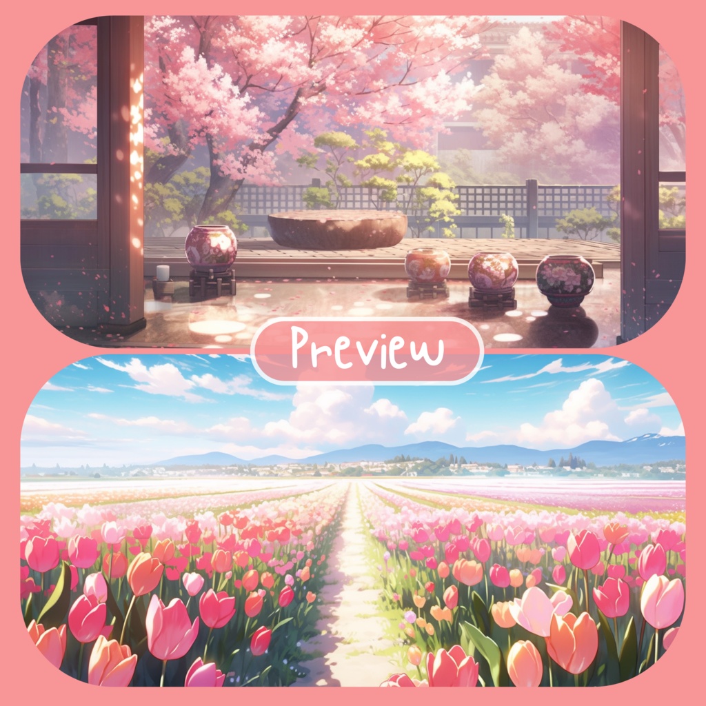 100x Spring VTuber 背景、twitch ストリームの背景、Lofi 背景、Twitch オーバーレイ アセット、Twitch ストリーム アセット、VTuber アセット