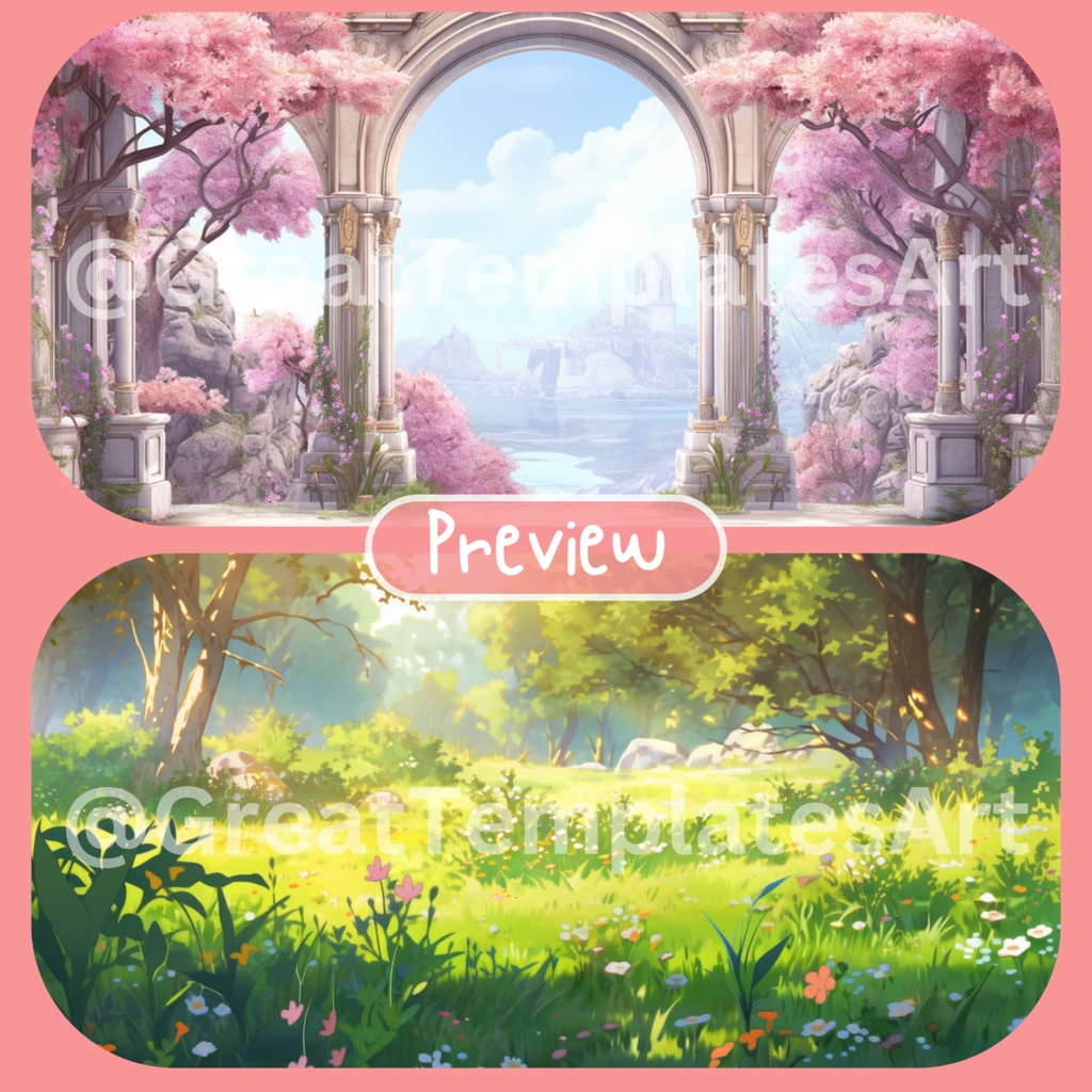 100x Spring VTuber 背景、twitch ストリームの背景、Lofi 背景、Twitch オーバーレイ アセット、Twitch ストリーム アセット、VTuber アセット