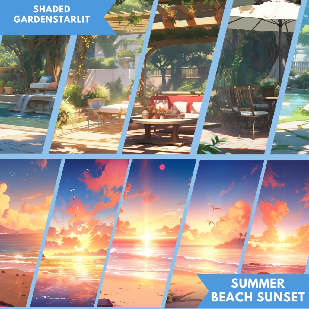 150x サマーシーズン背景、twitch ストリーミング背景、ストリーム アセット、Lofi 背景、Twitch アセット、VTuber アセット。