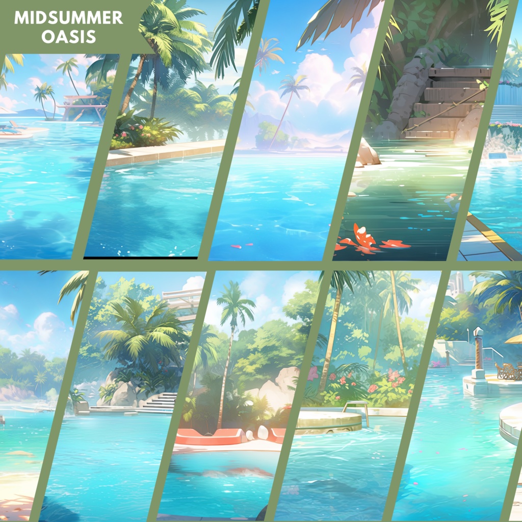 100x 真夏の VTuber 背景、Twitch ストリーミング背景、ストリーム アセット、Lofi 背景、Twitch アセット、VTuber アセット。