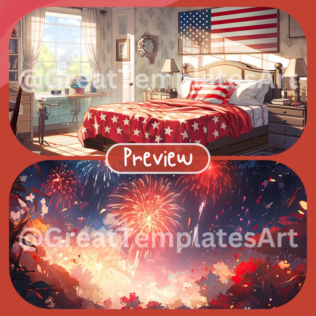 70x 独立記念日 VTuber 背景、Twitch ストリーミング背景、仮想背景、ストリーム アセット、Twitch アセット、VTuber アセット。