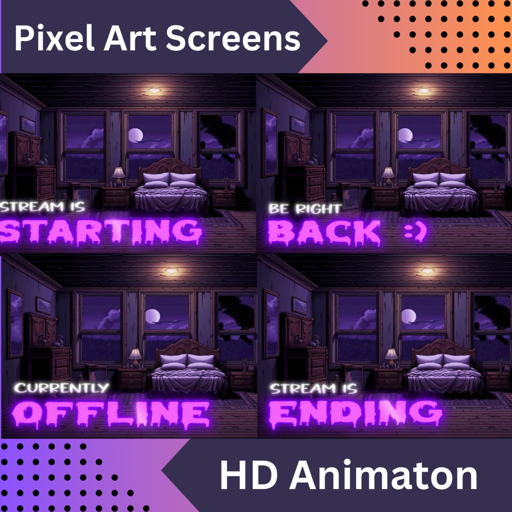16x ピクセル化ホラーアニメーション Twitch 画面、Twitch ストリーミング背景、Vtuber アセット、ストリーム シート、Twitch アセット、
