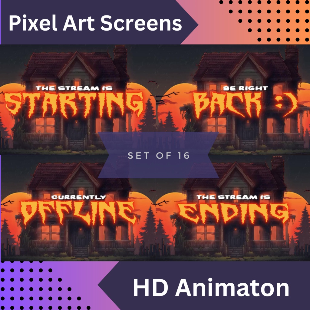 16x ピクセル化ホラーアニメーション Twitch 画面、Twitch ストリーミング背景、Vtuber アセット、ストリーム シート、Twitch アセット、