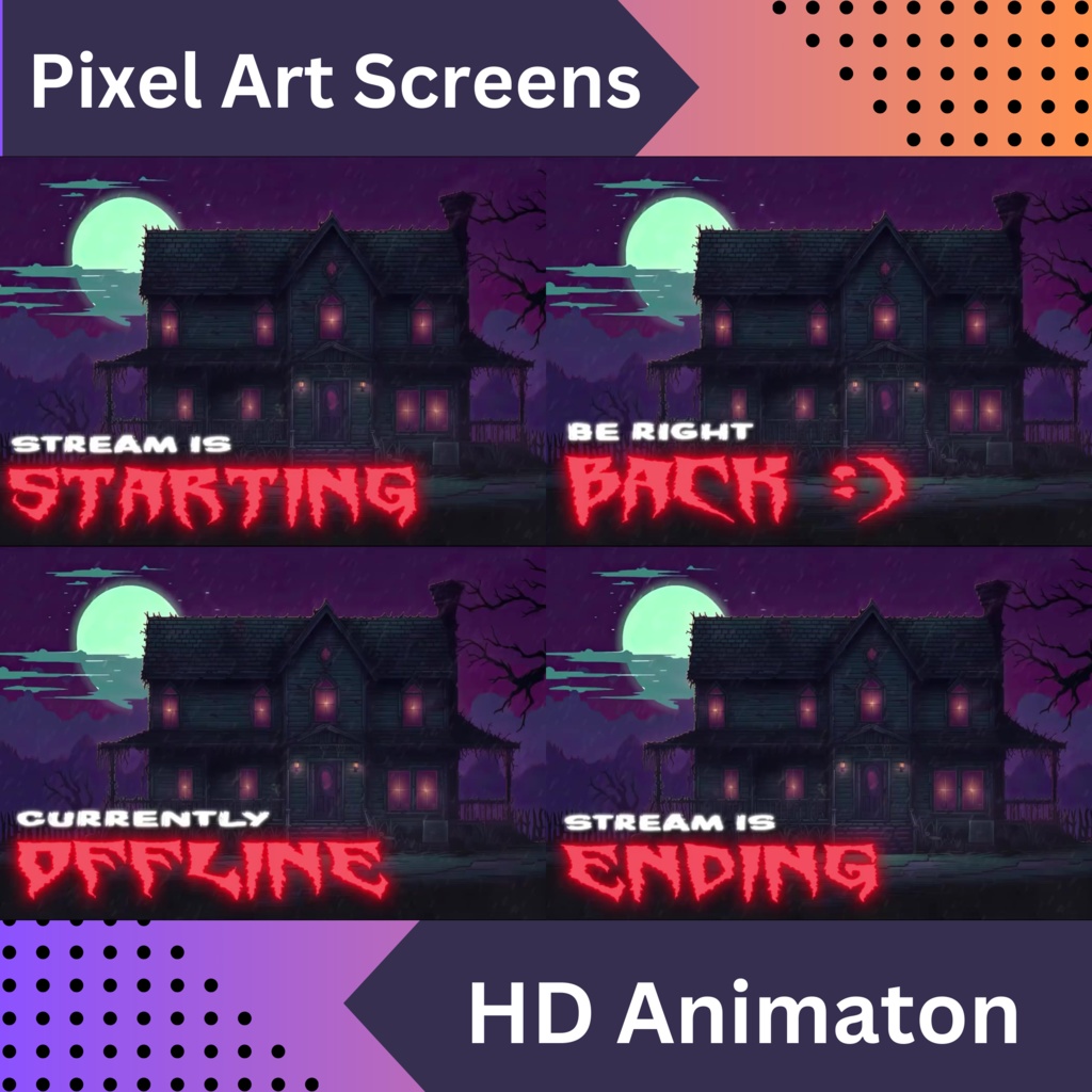 16x ピクセル化ホラーアニメーション Twitch 画面、Twitch ストリーミング背景、Vtuber アセット、ストリーム シート、Twitch アセット、