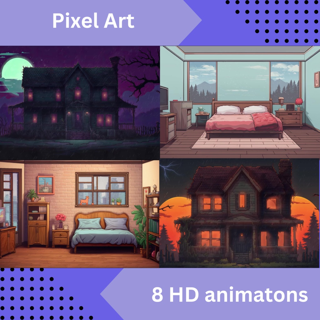 8x ピクセル アート Twitch アニメーション背景、ゲーマー背景、Twitch ストリーミング背景、アニメ Lo-Fi アニメーション、Twitch アセット、ストリーム アセット、VTuber アセット。