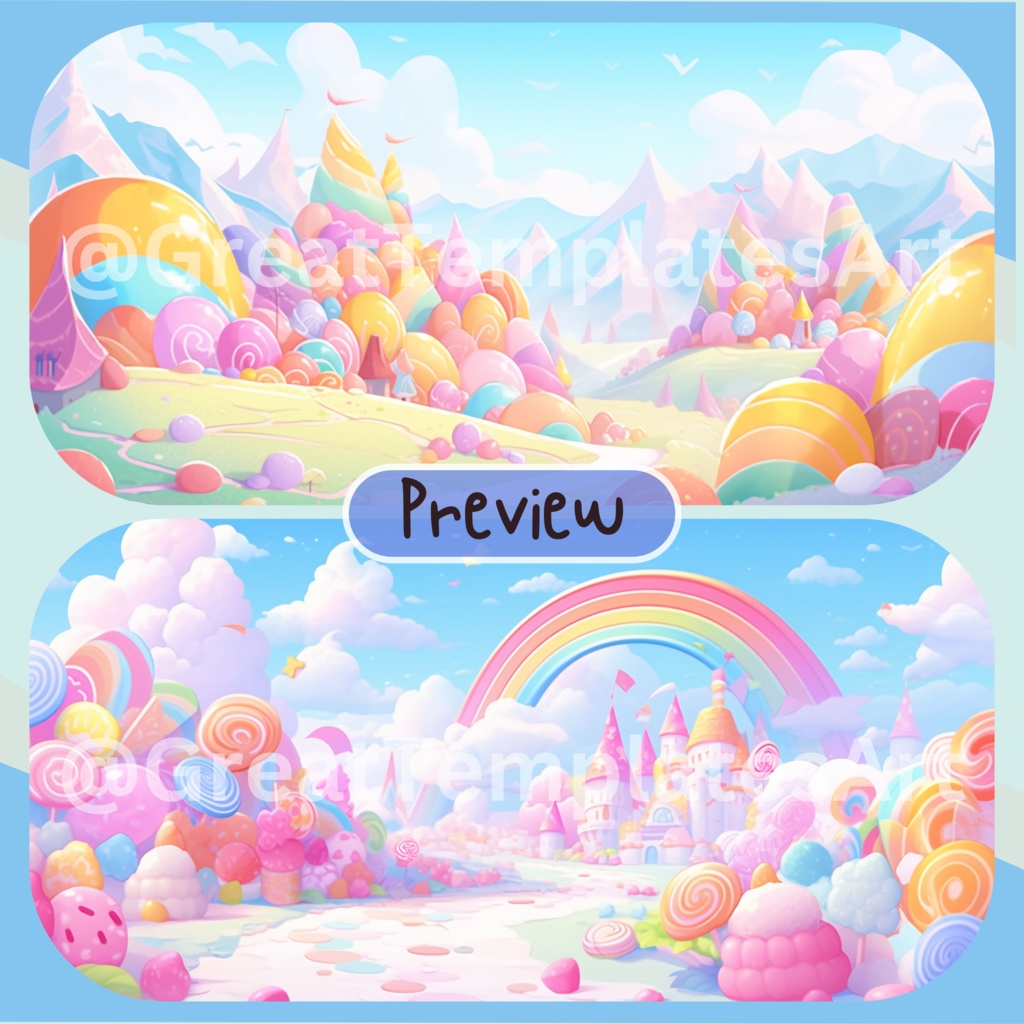 100x Candyland VTuber 背景、Twitch ストリーム背景、Lofi 背景、かわいい背景、Twitch アセット、VTuber アセット、ストリーム アセット。
