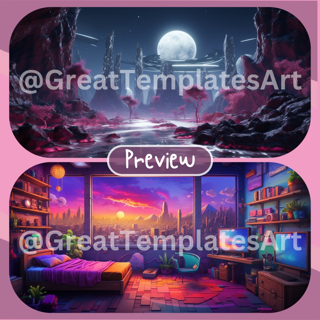 70x クールなゲーム VTuber 背景、Twitch ストリーム背景、ゲーマー仮想背景、ストリーム アセット、Twitch アセット、Vtuber アセット。