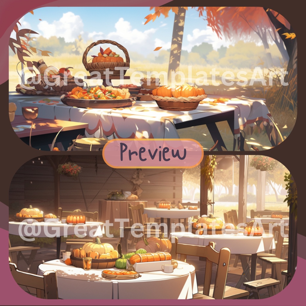 130x 感謝祭の背景、Twitch ストリーム パッケージ、VTuber 仮想背景、VTuber アセット、Twitch Autumn 背景、VTuber Lofi 背景、ストリーム アセット。