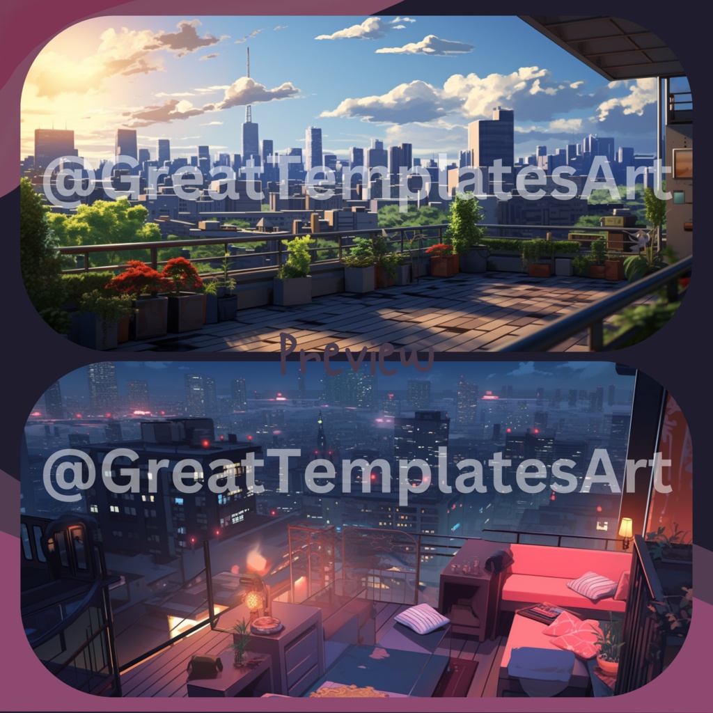 50x Urban VTuber 背景、twitch ストリーム背景、ストリーム アセット、Lofi 背景、Twitch アセット、VTuber アセット。