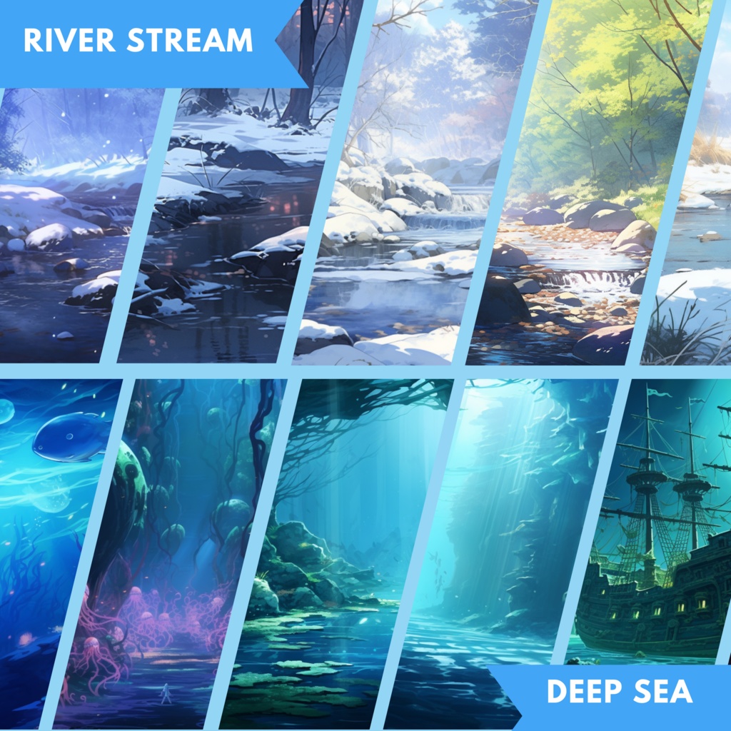 50x Ocean VTuber 背景、Twitch ストリーム背景、Lofi & アニメ、ストリーミング背景、Twitch アセット、VTuber アセット。